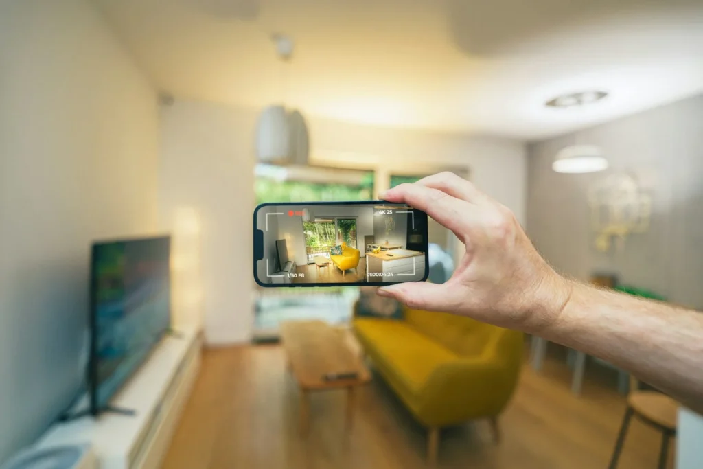 Smartphone filmant un salon lumineux